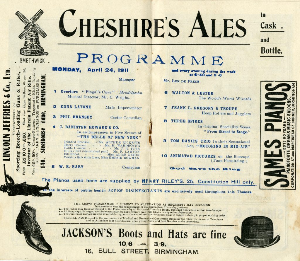 Variety performance programme, Birmingham Hippodrome